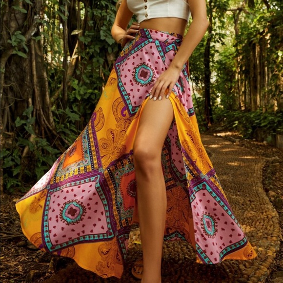 Boho Festival Floral Print Crop Top Blouse Slit Maxi Skirt Set vibrant Orange - Picture 9 of 10